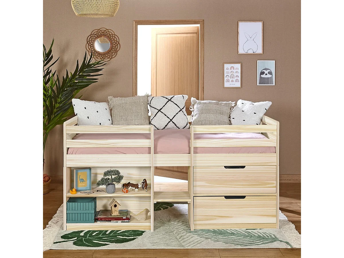 Lit mi-hauteur 90x190 cm bois massif bois HOBY