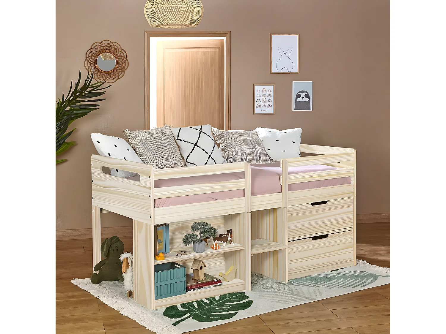 Lit mi-hauteur avec matelas 90x190 cm bois massif bois HOBY