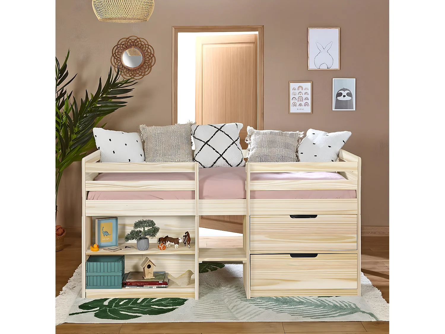 Lit mi-hauteur avec matelas 90x190 cm bois massif bois HOBY