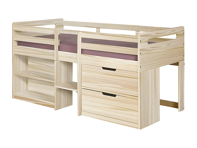 Lit mi-hauteur avec matelas 90x190 cm bois massif bois HOBY