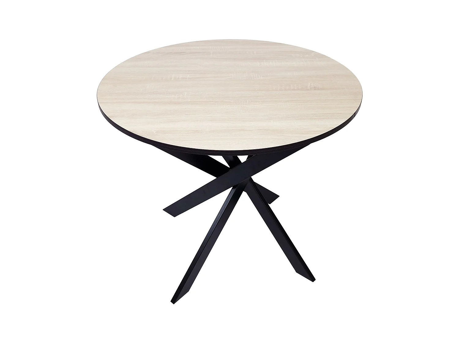 Table à manger ronde fixe ZEN, 90x90x77cm, Capacité jusqu'à 4 personnes, Couleur chêne et noir, Pieds métalliques couleur noir laqué mat