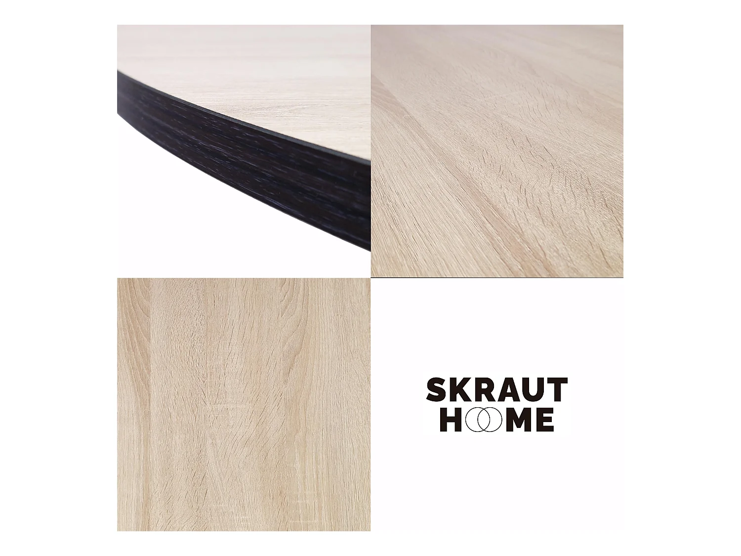 , Ronde vaste Eettafel, ZEN Model, 90x90x77cm, Capaciteit voor 4 personen, Eiken en zwart kleur, Zwart mat gelakte metalen poten