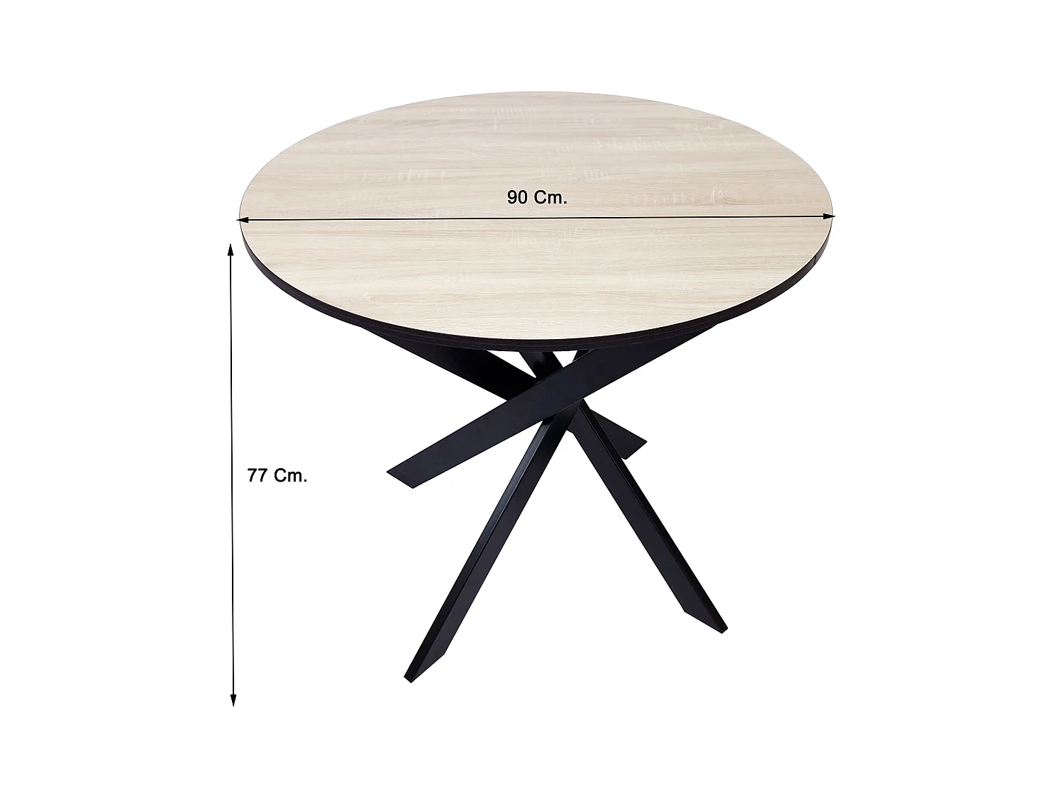 , Ronde vaste Eettafel, ZEN Model, 90x90x77cm, Capaciteit voor 4 personen, Eiken en zwart kleur, Zwart mat gelakte metalen poten