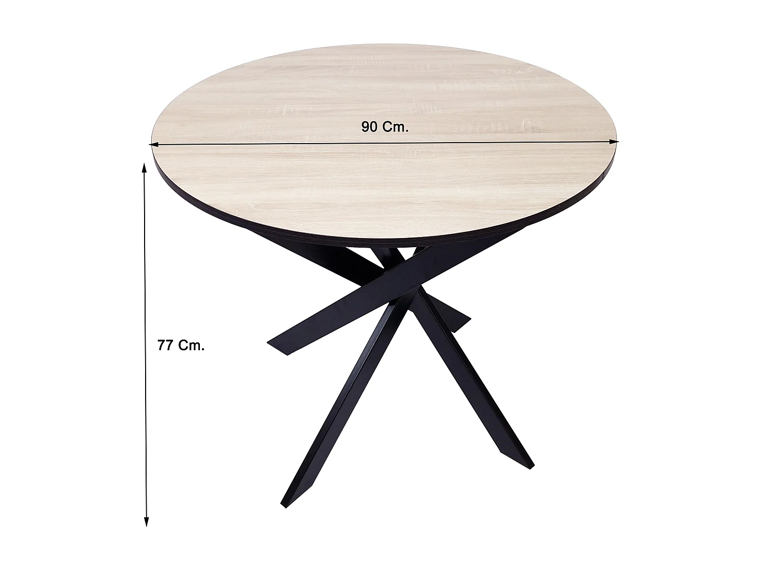 Mesa de jantar fixa redonda ZEN, 90x90x77cm, Capacidade para 4 pessoas, Cor carvalho e preto, Pés metálicos preto lacado mate