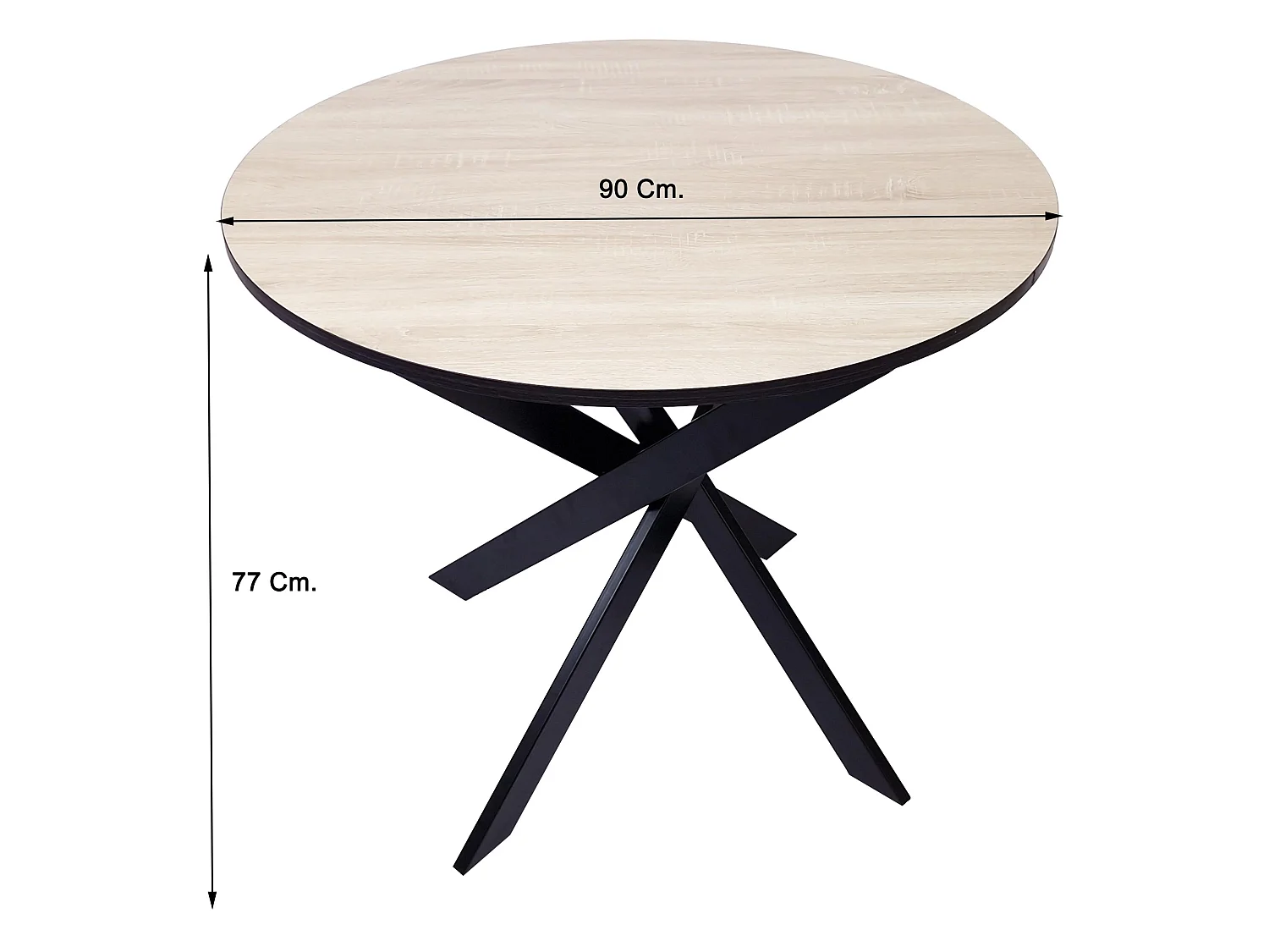 Mesa de jantar fixa redonda ZEN, 90x90x77cm, Capacidade para 4 pessoas, Cor carvalho e preto, Pés metálicos preto lacado mate