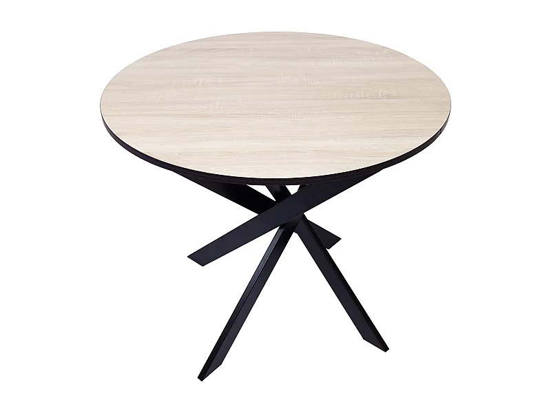 Table à manger ronde fixe ZEN, 90x90x77cm, Capacité jusqu'à 4 personnes, Couleur chêne et noir, Pieds métalliques couleur noir laqué mat