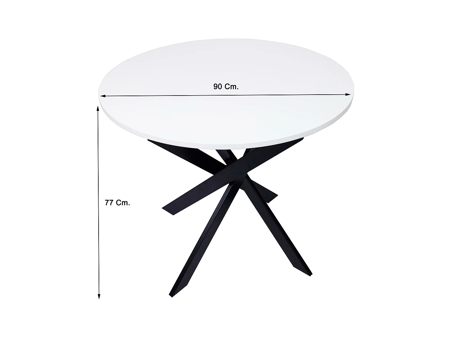 , Ronde vaste Eettafel, ZEN Model, 90x90x77cm, Capaciteit voor 4 personen, Woonkamer, Kleur mat wit, Zwart mat gelakte metalen poten