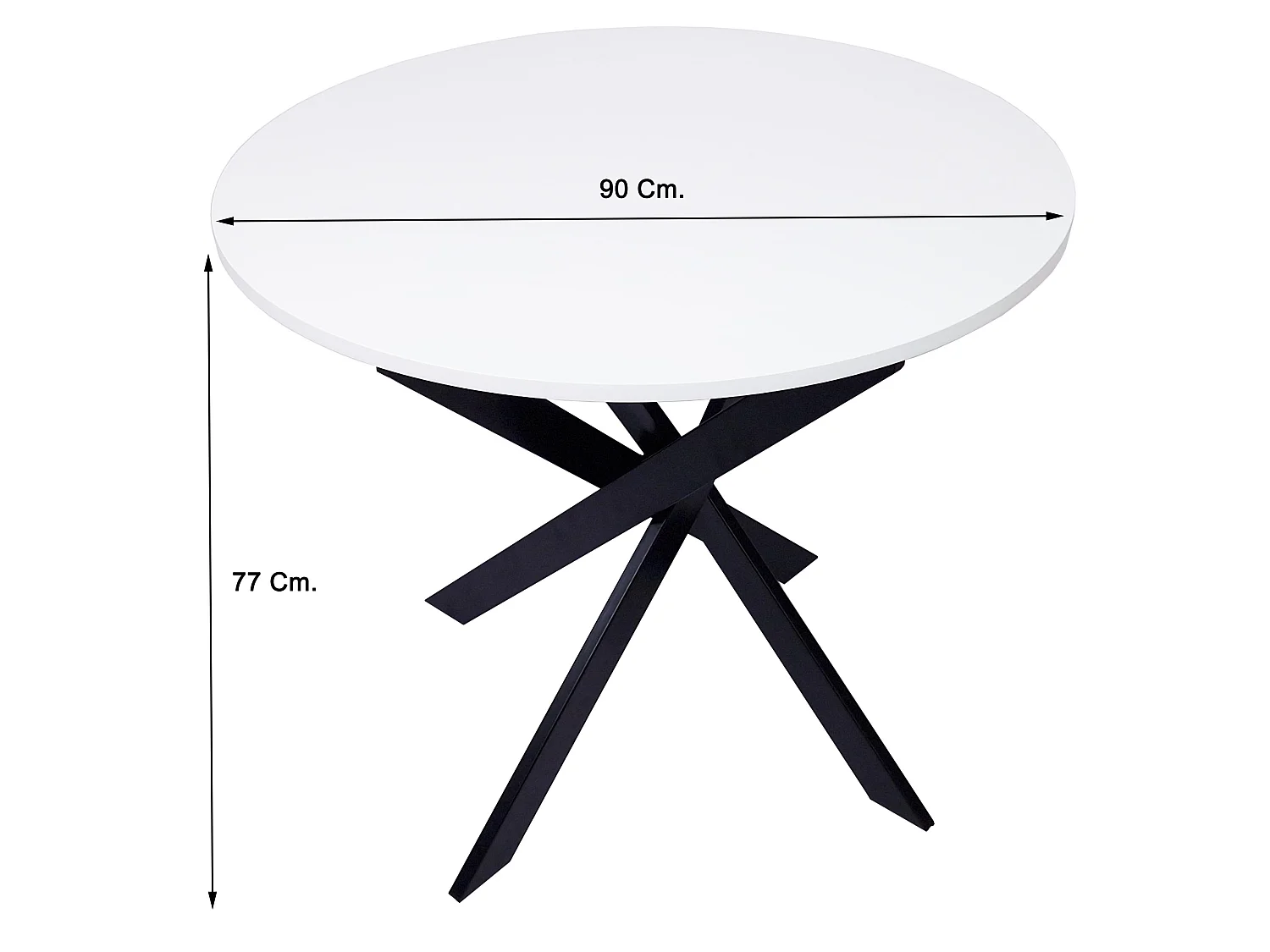 Ronde vaste Eettafel, ZEN Model, 90x90x77cm, Capaciteit voor 4 personen, Woonkamer, Kleur mat wit, Zwart mat gelakte metalen poten