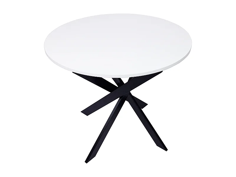 Table à manger ronde fixe ZEN, 90x90x77cm, Capacité jusqu'à 4 personnes, Couleur blanc mat, Pieds métalliques couleur noir laqué mat