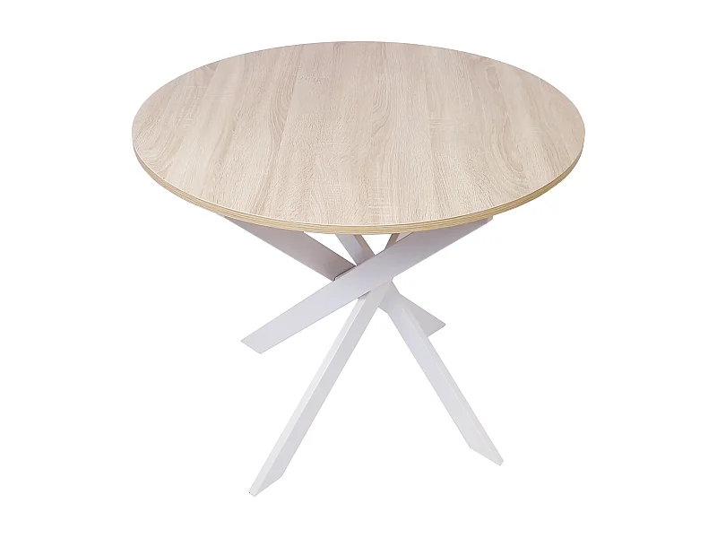 Mesa de jantar fixa redonda ZEN, 90x90x77cm, Capacidade para 4 pessoas, Cor carvalho, Pés metálicos em branco lacado mate