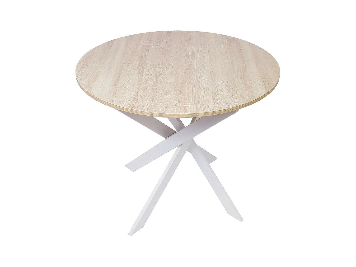 Mesa de comedor fija redonda ZEN, 90x90x77cm, Capacidad hasta 4 personas, Color roble, Patas metálicas blanco lacado mate