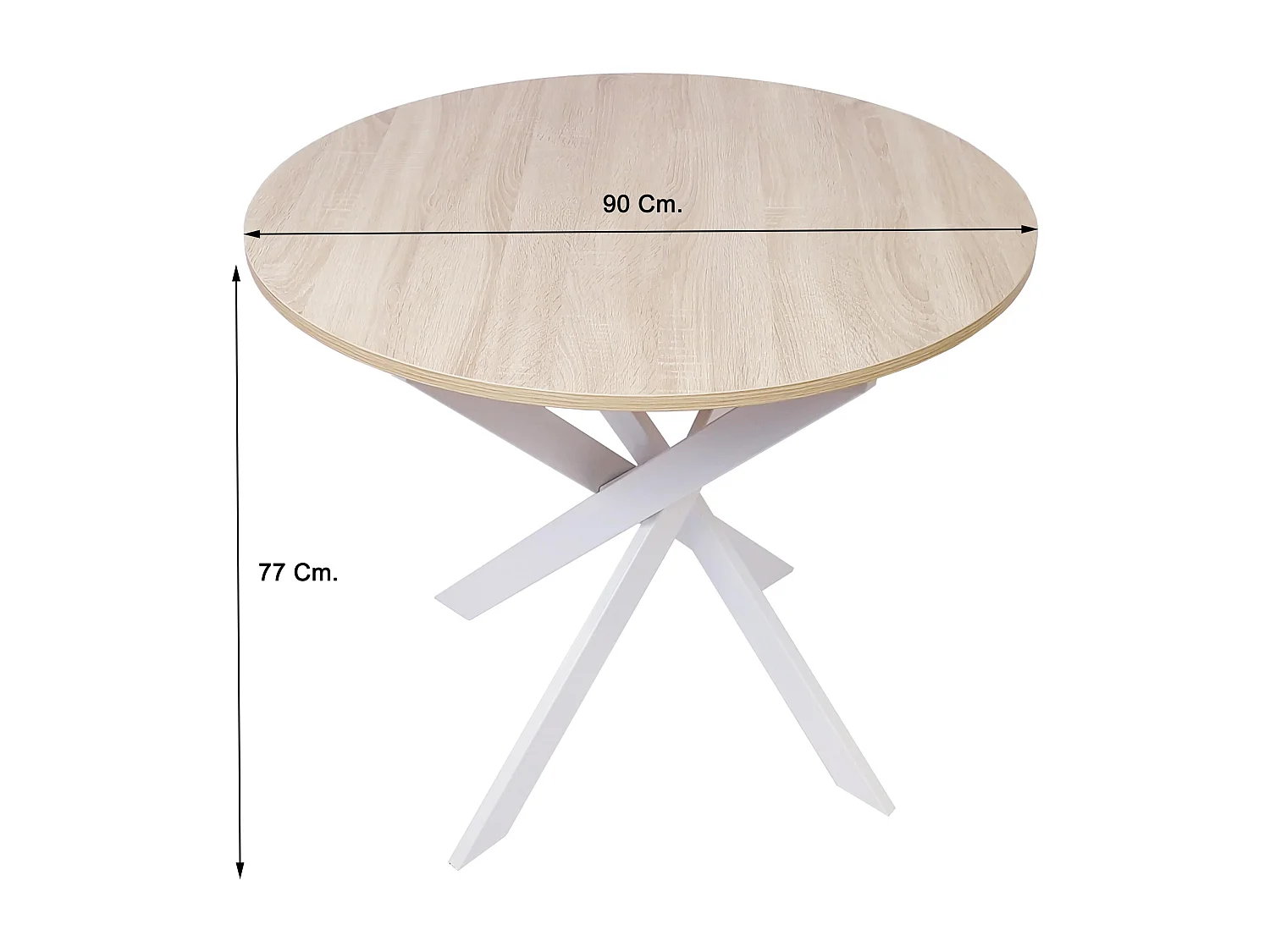 , Ronde vaste Eettafel, ZEN Model, 90x90x77cm, Capaciteit voor 4 personen, Woonkamer, Eik kleur, Mat gelakte wit metalen poten