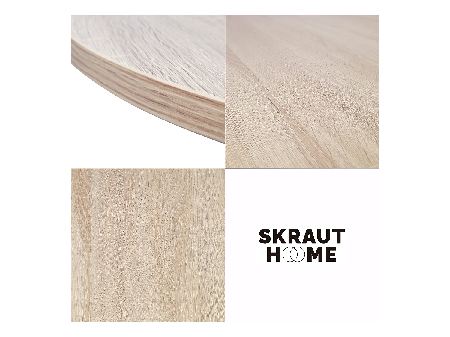 , Ronde vaste Eettafel, ZEN Model, 90x90x77cm, Capaciteit voor 4 personen, Woonkamer, Eik kleur, Mat gelakte wit metalen poten