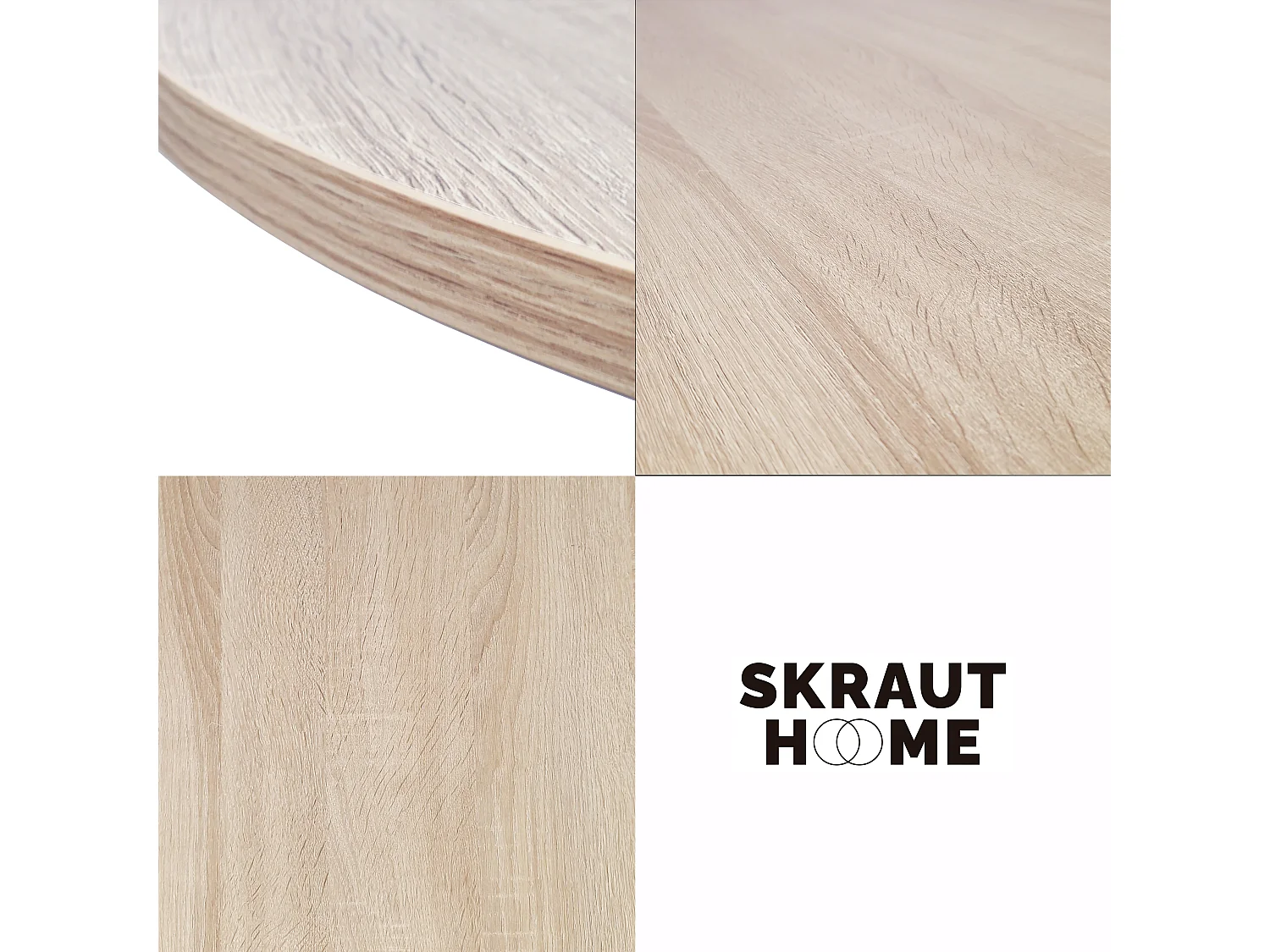 Table à manger ronde fixe ZEN, 90x90x77cm, Capacité jusqu'à 4 personnes, Couleur chêne, Pieds métalliques couleur blanc laqué mat