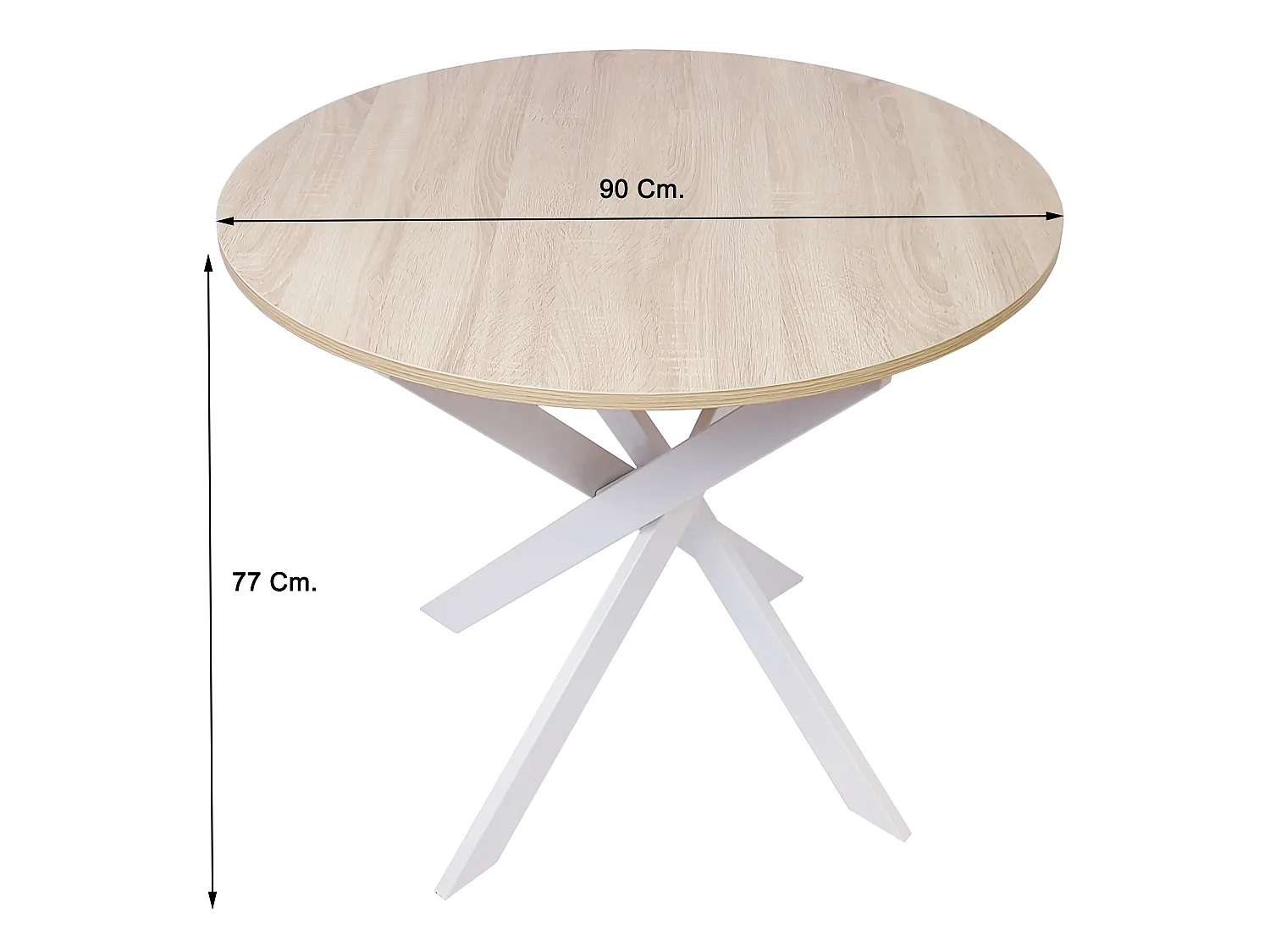 Mesa de comedor fija redonda ZEN, 90x90x77cm, Capacidad hasta 4 personas, Color roble, Patas metálicas blanco lacado mate