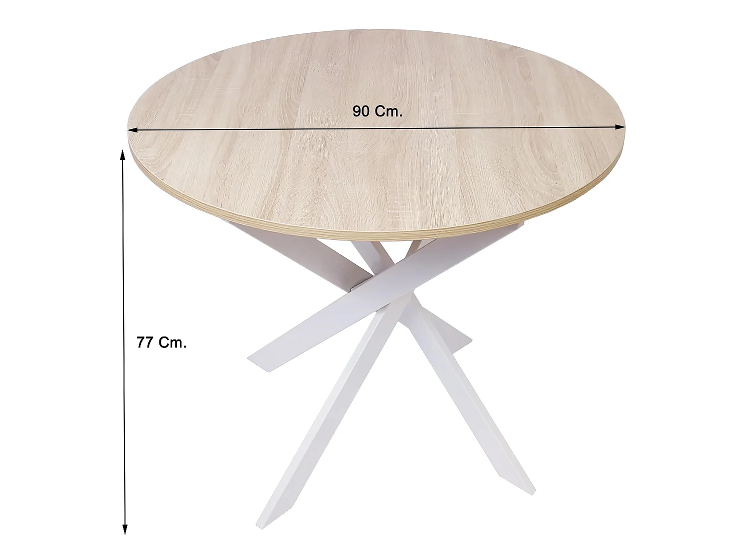 Mesa de comedor fija redonda ZEN, 90x90x77cm, Capacidad hasta 4 personas, Color roble, Patas metálicas blanco lacado mate