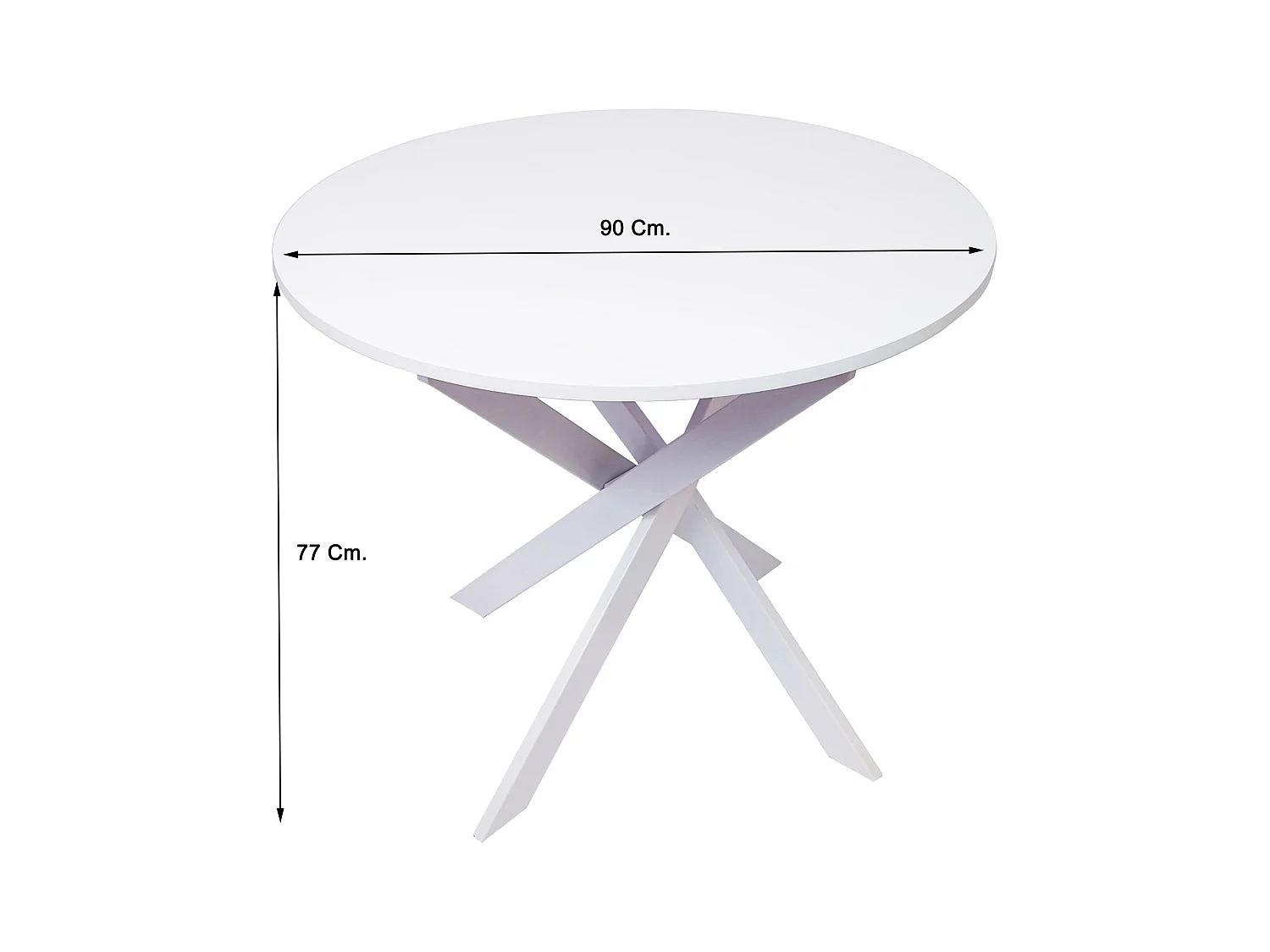 Table à manger ronde fixe ZEN, 90x90x77cm, Capacité jusqu'à 4 personnes, Couleur blanc mat, Pieds métalliques couleur blanc laqué mat