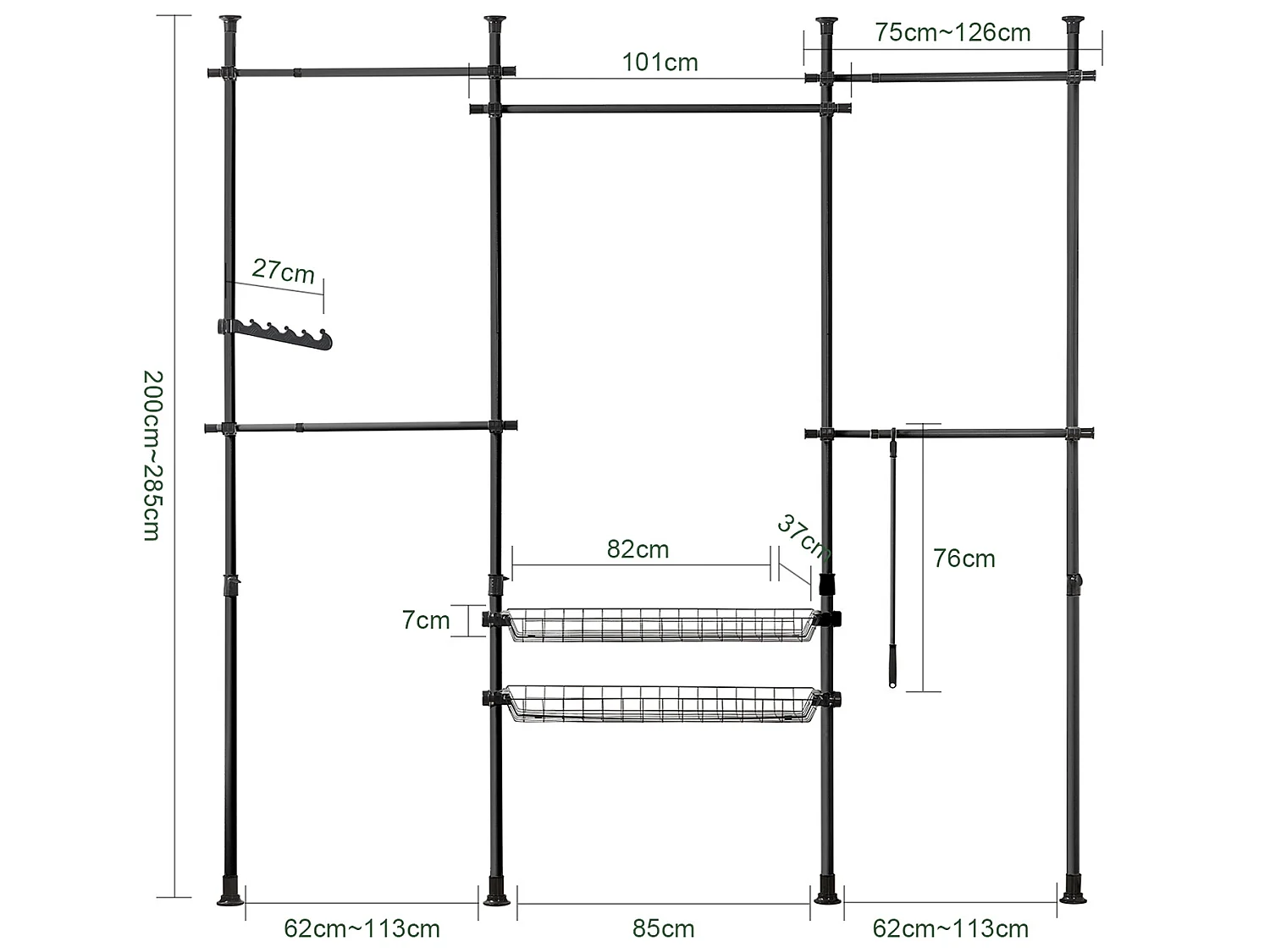 SoBuy KLS04-Sch Kledingrek Klerenrailsysteem Opbergsysteem Telescopisch Kledingrek