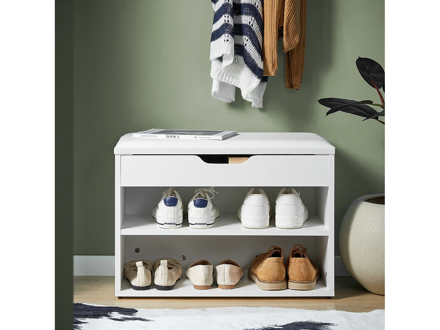 Banc De Rangement À Chaussures 2 Étages Avec Coussin Commode À Chaussures Confortable, Fsr25-w