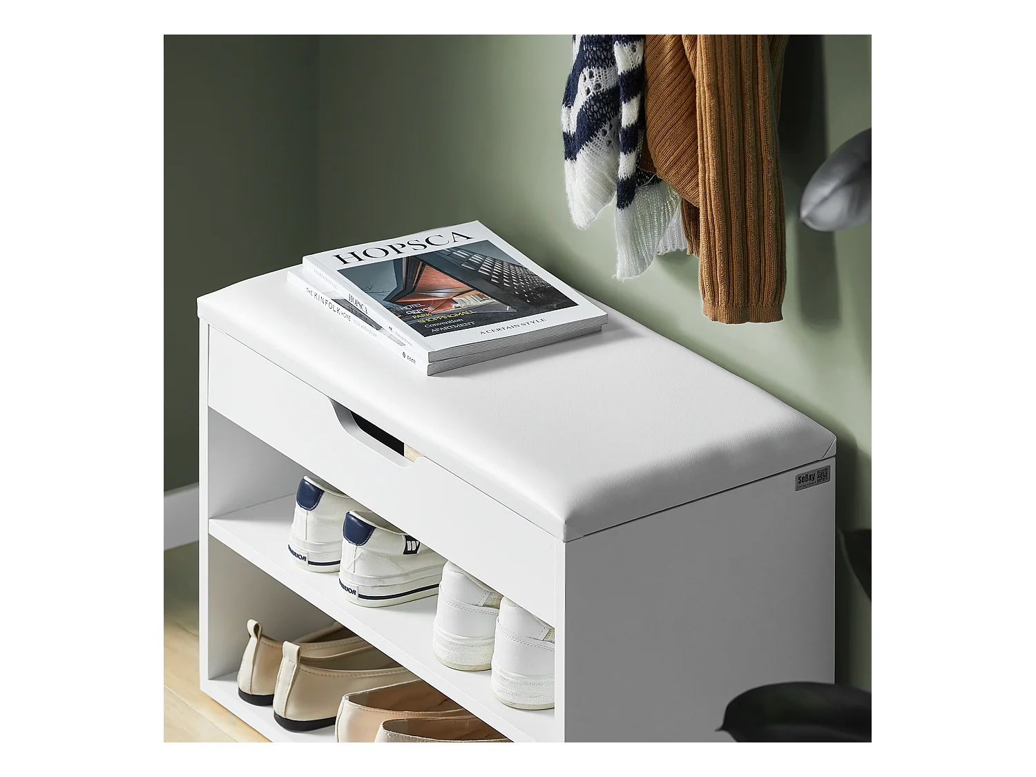 Banc De Rangement À Chaussures 2 Étages Avec Coussin Commode À Chaussures Confortable, Fsr25-w