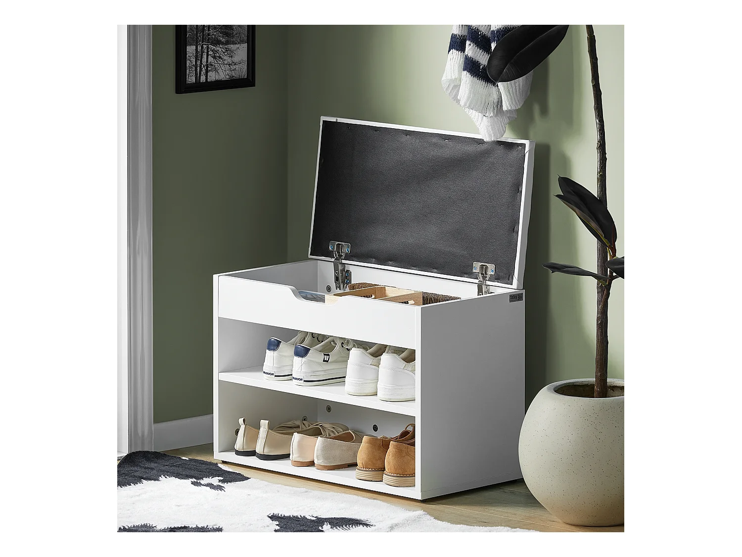 Banc De Rangement À Chaussures 2 Étages Avec Coussin Commode À Chaussures Confortable, Fsr25-w