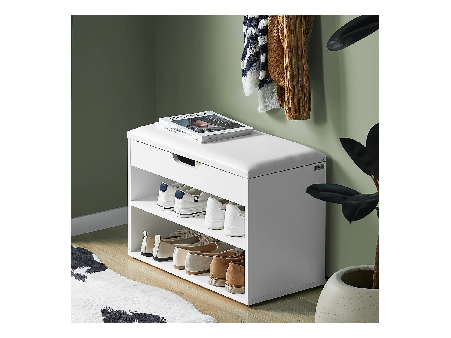 Banc De Rangement À Chaussures 2 Étages Avec Coussin Commode À Chaussures Confortable, Fsr25-w