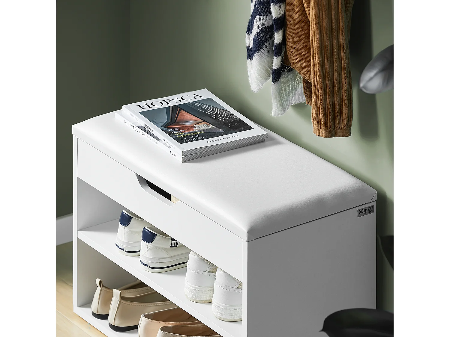 Banc De Rangement À Chaussures 2 Étages Avec Coussin Commode À Chaussures Confortable, Fsr25-w