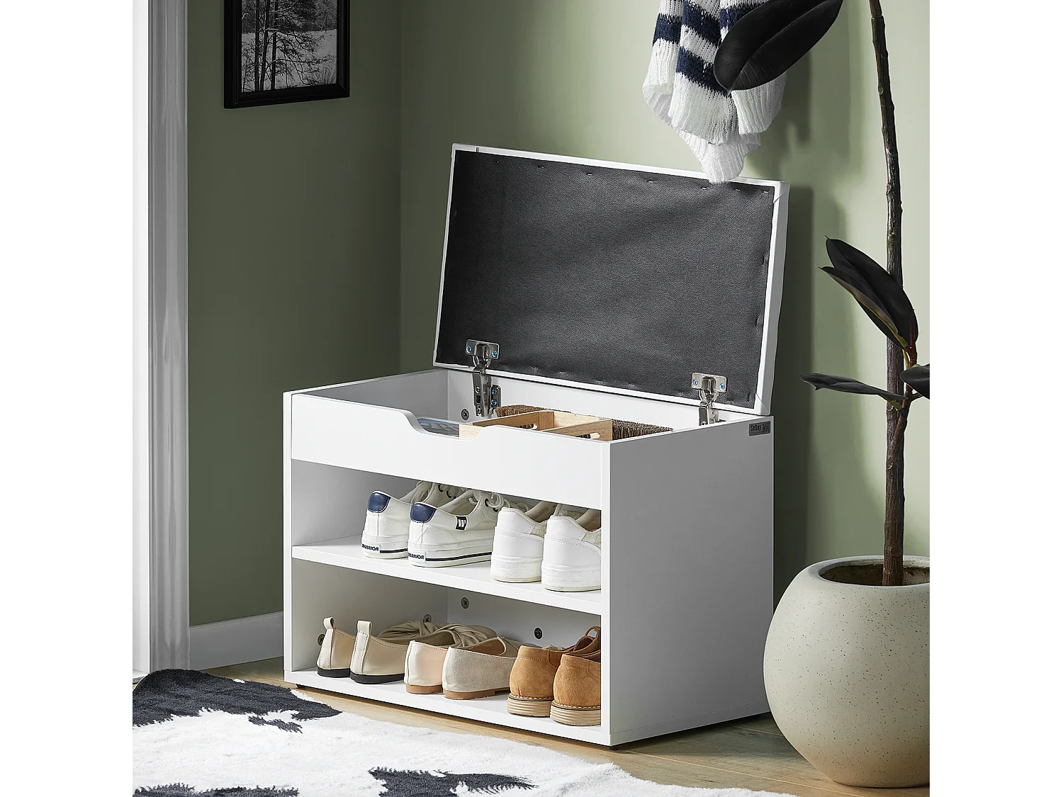 Banc De Rangement À Chaussures 2 Étages Avec Coussin Commode À Chaussures Confortable, Fsr25-w