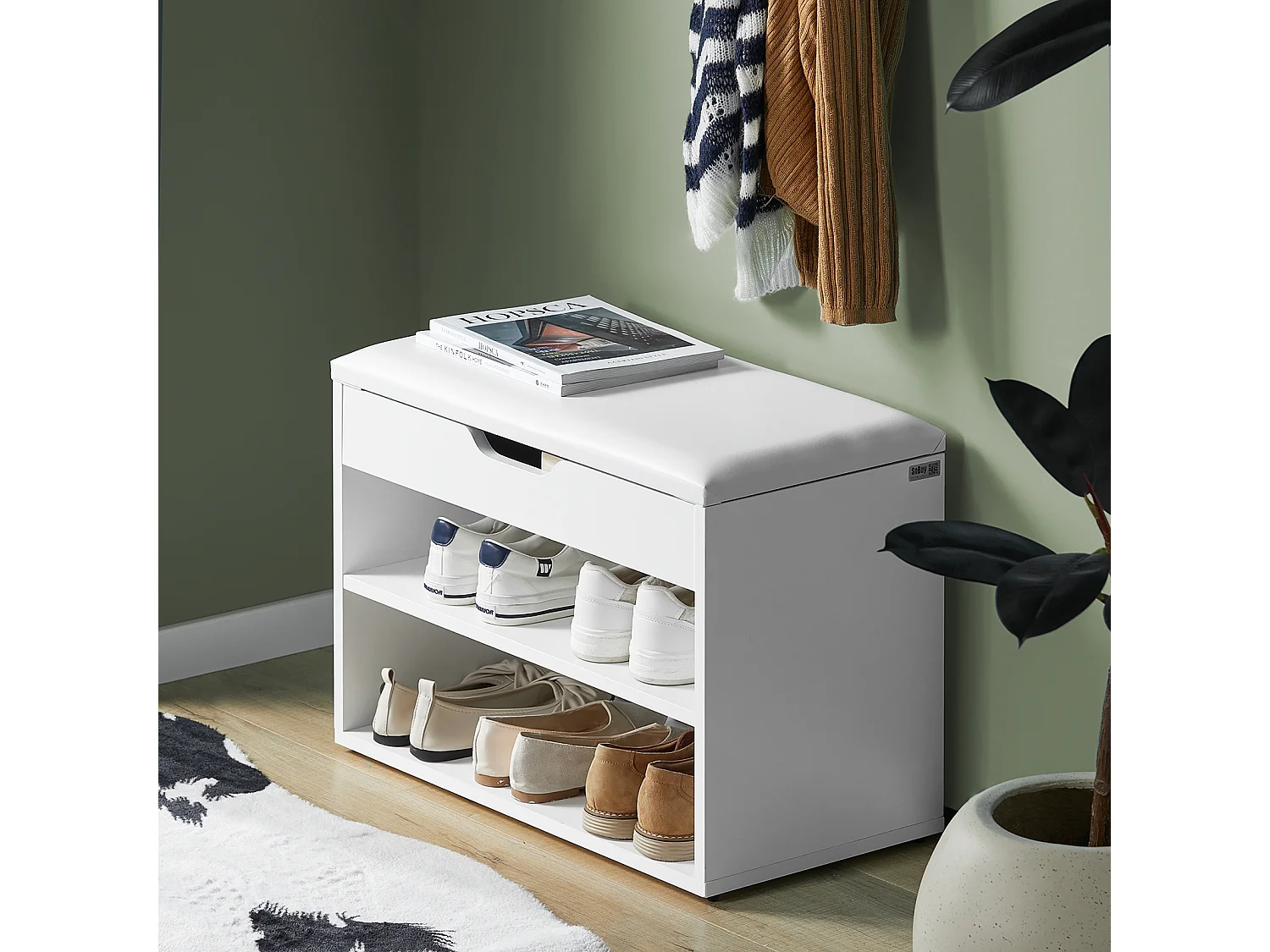 Banc De Rangement À Chaussures 2 Étages Avec Coussin Commode À Chaussures Confortable, Fsr25-w