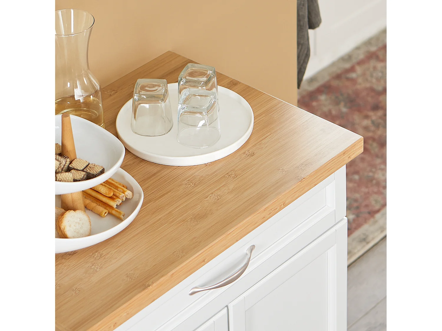 SoBuy FKW13-WN Keukentrolley Keukenwagen Serveerwagen met bamboe Tafelblad Keukenkast