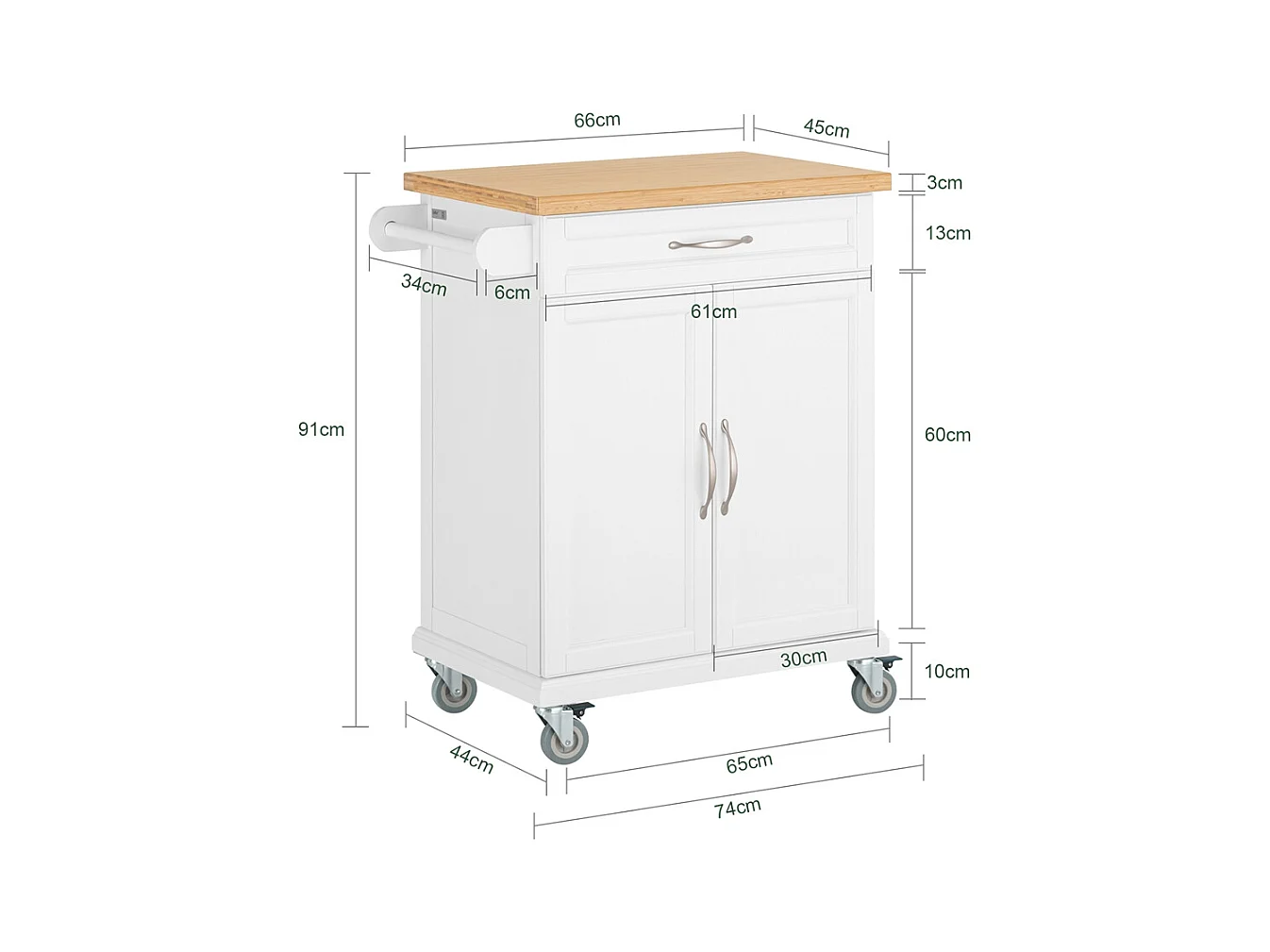SoBuy FKW13-WN Keukentrolley Keukenwagen Serveerwagen met bamboe Tafelblad Keukenkast