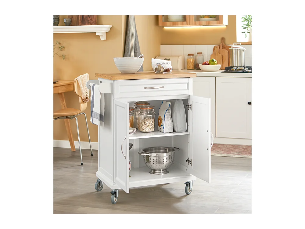 SoBuy FKW13-WN Keukentrolley Keukenwagen Serveerwagen met bamboe Tafelblad Keukenkast