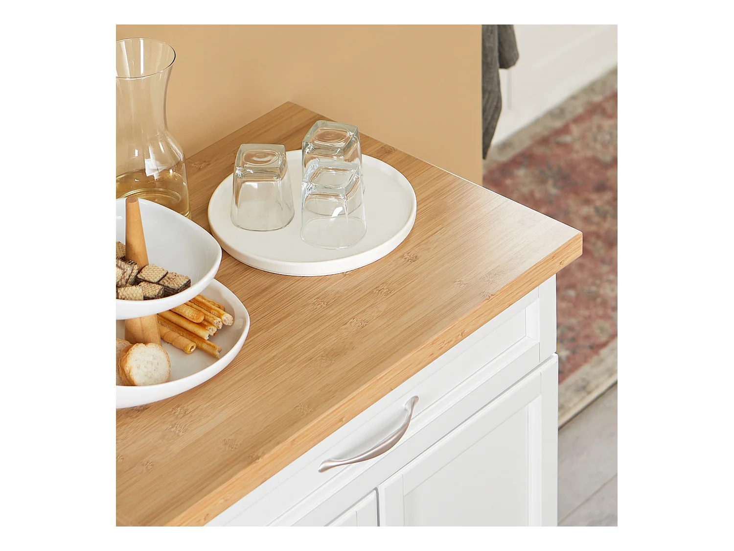 SoBuy FKW13-WN Keukentrolley Keukenwagen Serveerwagen met bamboe Tafelblad Keukenkast