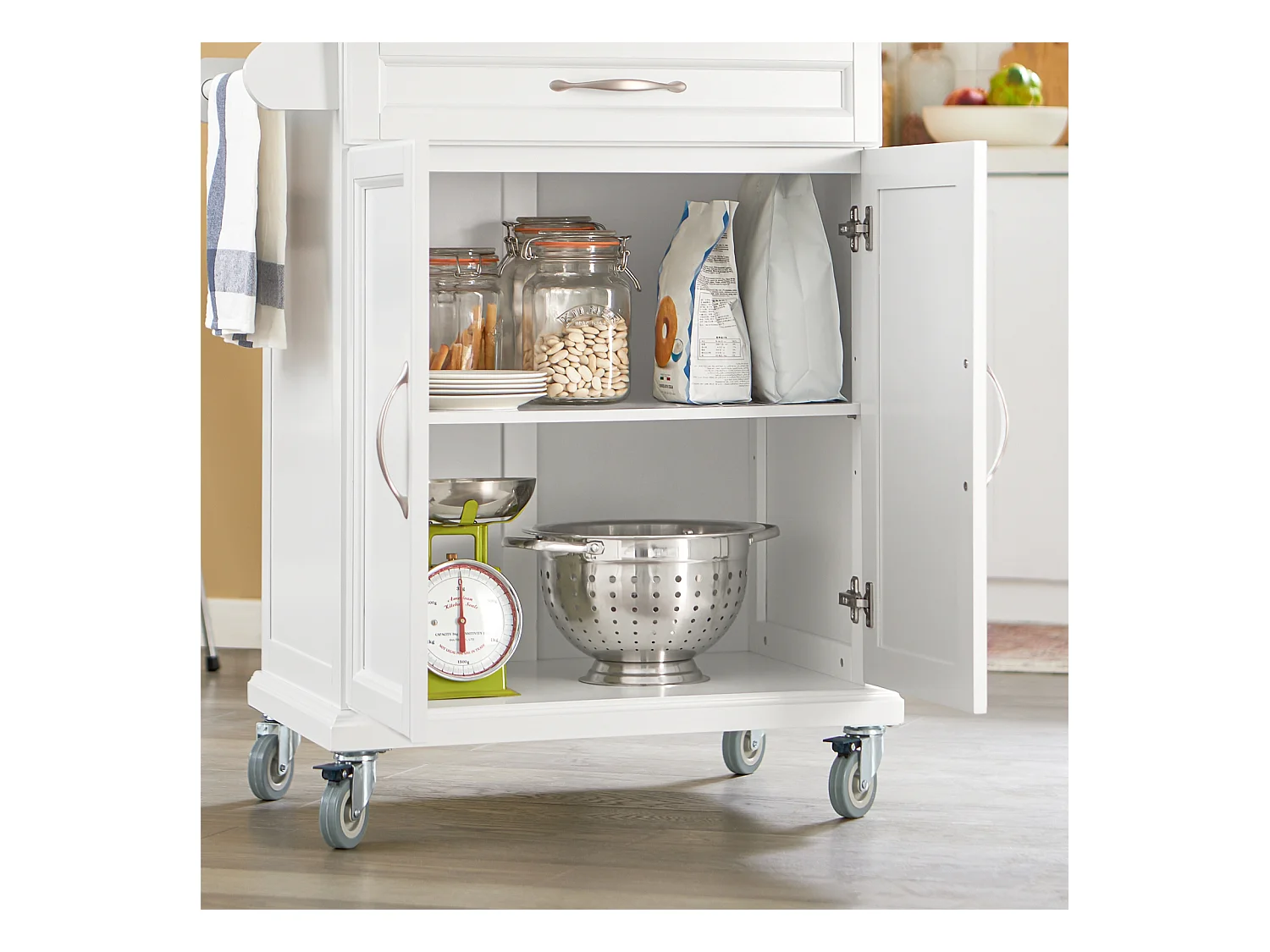 SoBuy FKW13-WN Keukentrolley Keukenwagen Serveerwagen met bamboe Tafelblad Keukenkast