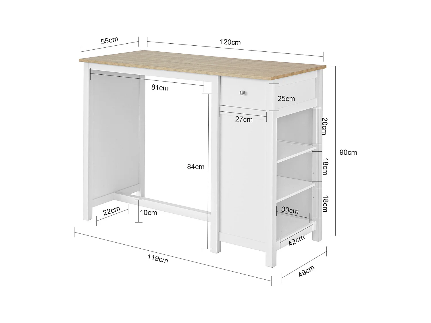 Table Haute De Bar Table De Cuisine Mange-debout– Blanc Lxlxh 120x55x90 cm, Fwt64-wn