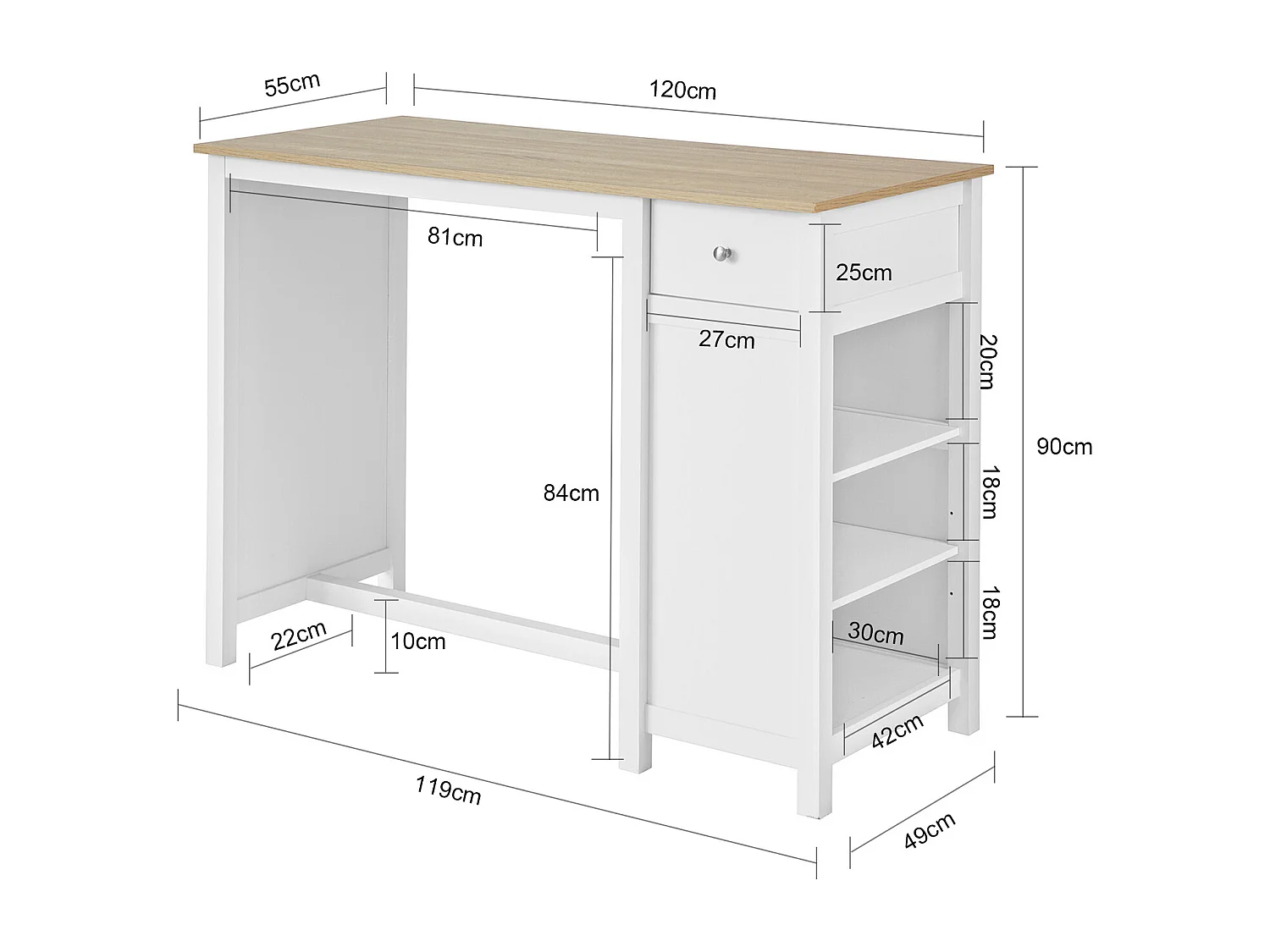 SoBuy FWT64-WN Bar Tafel Keukentafel Bartafel Bistrotafel Kookeiland met 1 Lade en 3 Planken