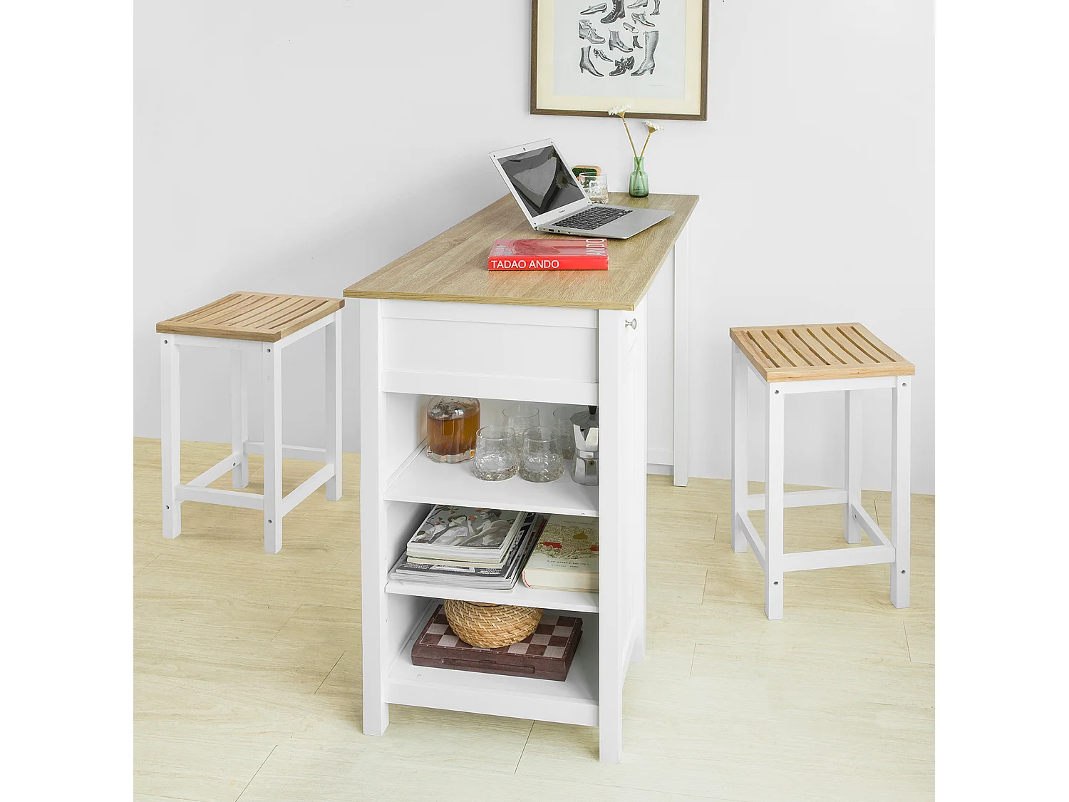 SoBuy FWT64-WN Bar Tafel Keukentafel Bartafel Bistrotafel Kookeiland met 1 Lade en 3 Planken