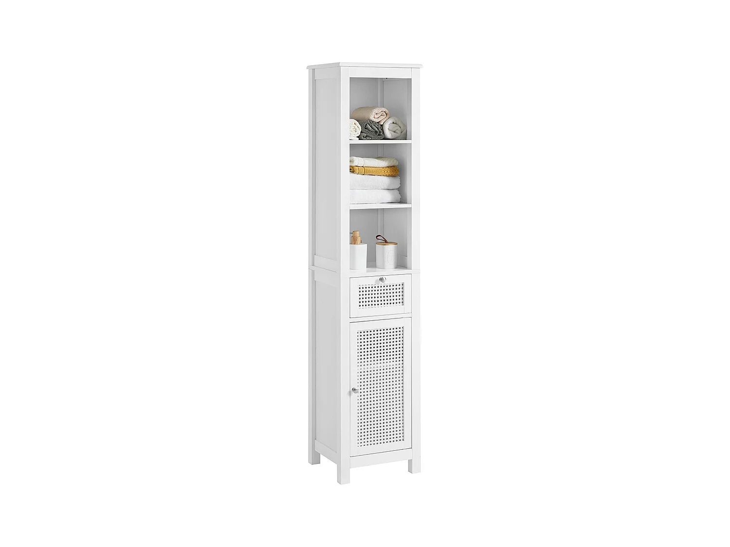 Meuble Colonne De Salle De Bain Armoire Avec 1 Porte En Ploy Rotin, 1 Tiroir Et 3 Étagères, BZr36-w