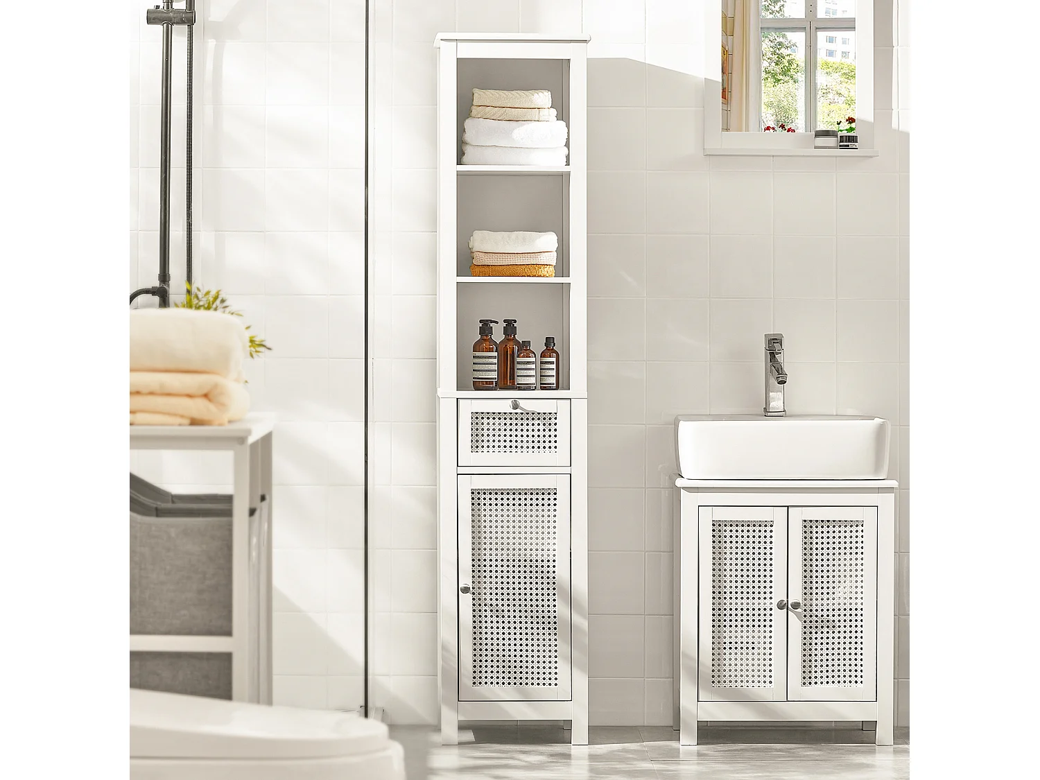 Meuble Colonne De Salle De Bain Armoire Avec 1 Porte En Ploy Rotin, 1 Tiroir Et 3 Étagères, BZr36-w