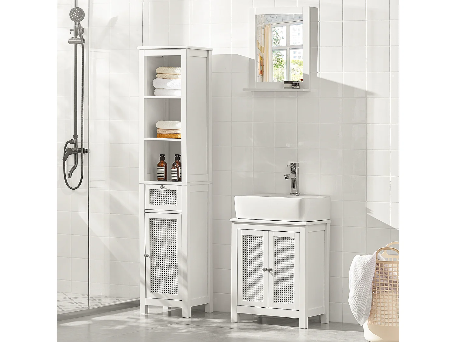 Meuble Colonne De Salle De Bain Armoire Avec 1 Porte En Ploy Rotin, 1 Tiroir Et 3 Étagères, BZr36-w