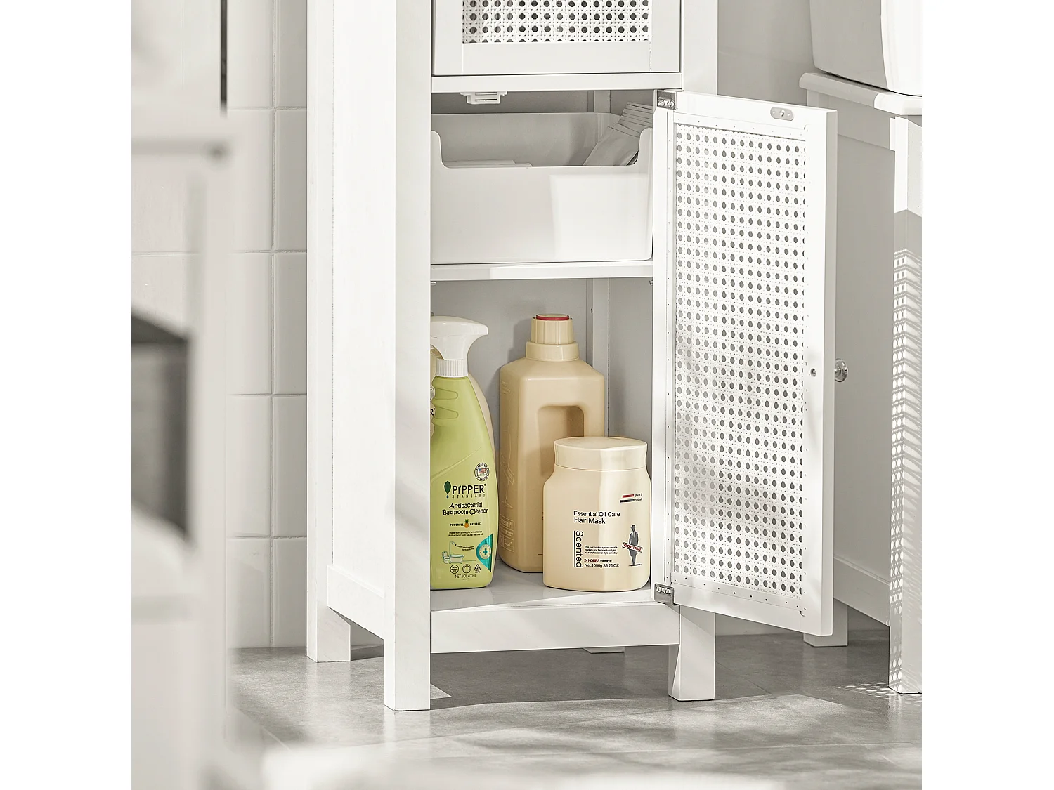 Meuble Colonne De Salle De Bain Armoire Avec 1 Porte En Ploy Rotin, 1 Tiroir Et 3 Étagères, BZr36-w