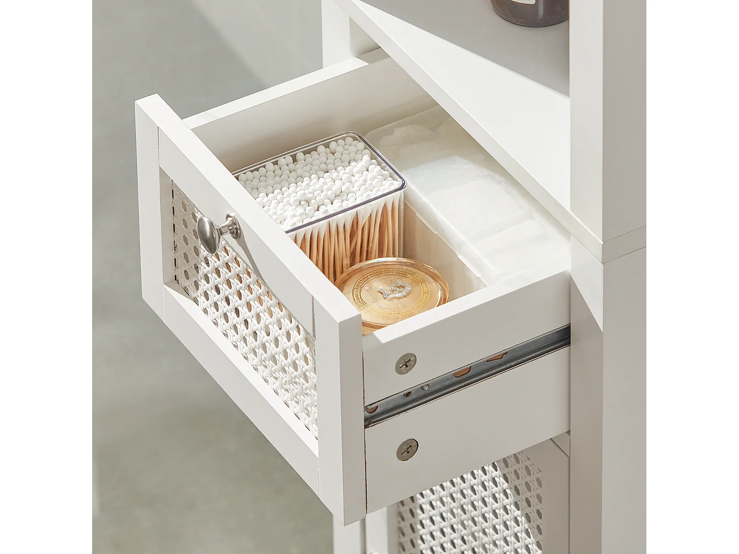 Meuble Colonne De Salle De Bain Armoire Avec 1 Porte En Ploy Rotin, 1 Tiroir Et 3 Étagères, BZr36-w