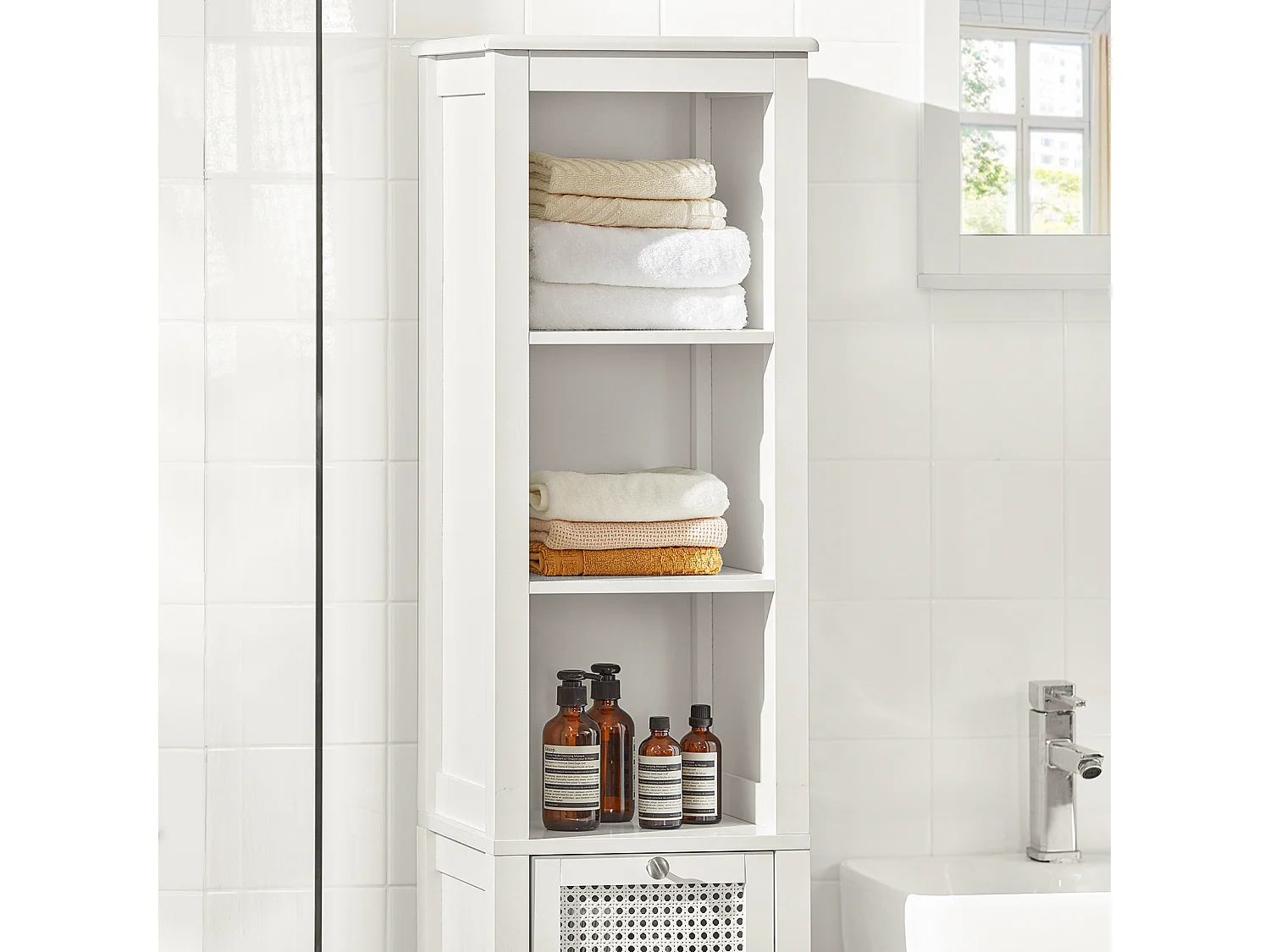 Meuble Colonne De Salle De Bain Armoire Avec 1 Porte En Ploy Rotin, 1 Tiroir Et 3 Étagères, BZr36-w