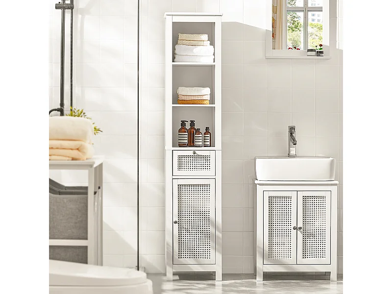 Meuble Colonne De Salle De Bain Armoire Avec 1 Porte En Ploy Rotin, 1 Tiroir Et 3 Étagères, BZr36-w