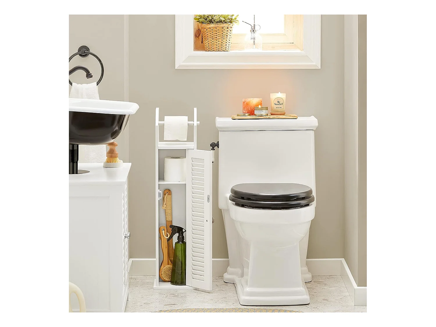 SoBuy BZR49-W Papiersteun - Toiletkast - Toiletrolhouder - Toiletborstelhouder - Toiletpapierhouder Staand - Vrijstaande Badkamerkast - Badkamermeubel