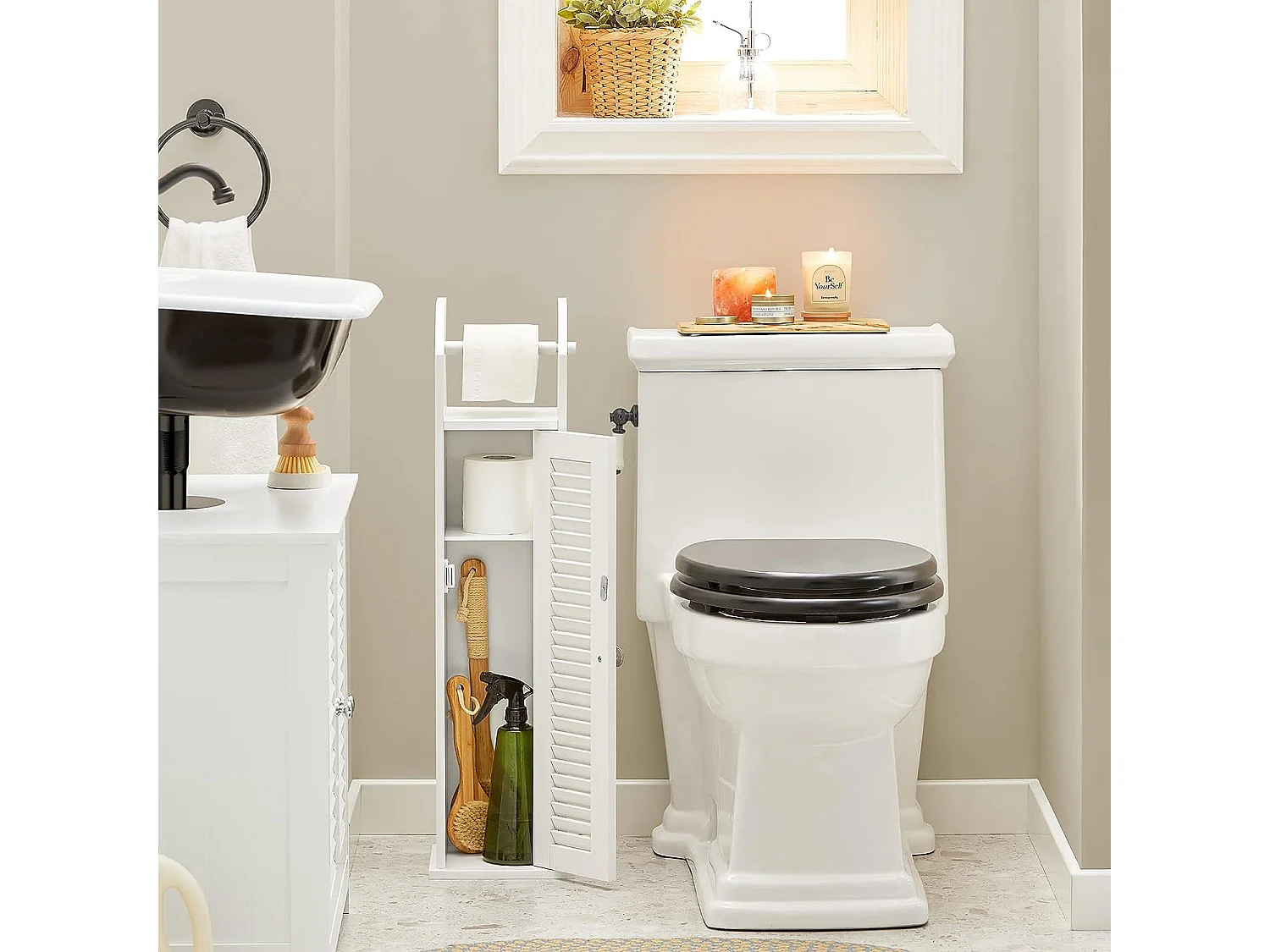 SoBuy BZR49-W Papiersteun - Toiletkast - Toiletrolhouder - Toiletborstelhouder - Toiletpapierhouder Staand - Vrijstaande Badkamerkast - Badkamermeubel