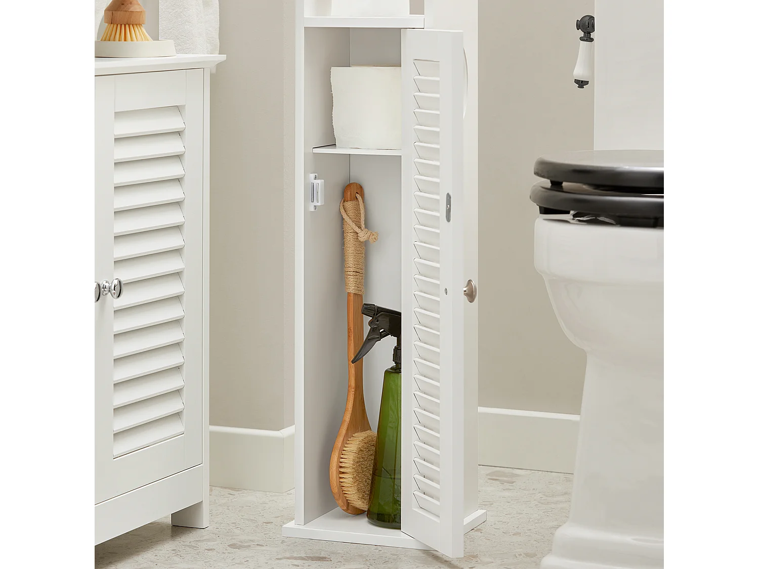 SoBuy BZR49-W Papiersteun - Toiletkast - Toiletrolhouder - Toiletborstelhouder - Toiletpapierhouder Staand - Vrijstaande Badkamerkast - Badkamermeubel