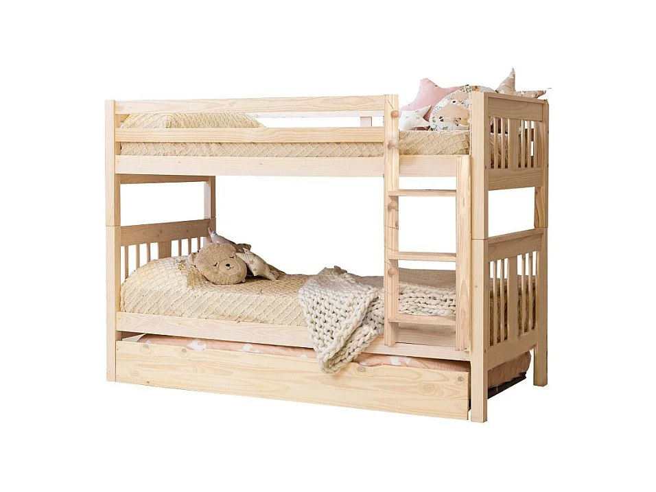 Etagenbett + Ausziehbett mit Beine Holz weiß gewaschen 90x190cm