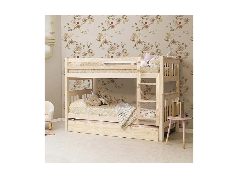 Etagenbett + Ausziehbett mit Beine Holz weiß gewaschen 90x190cm