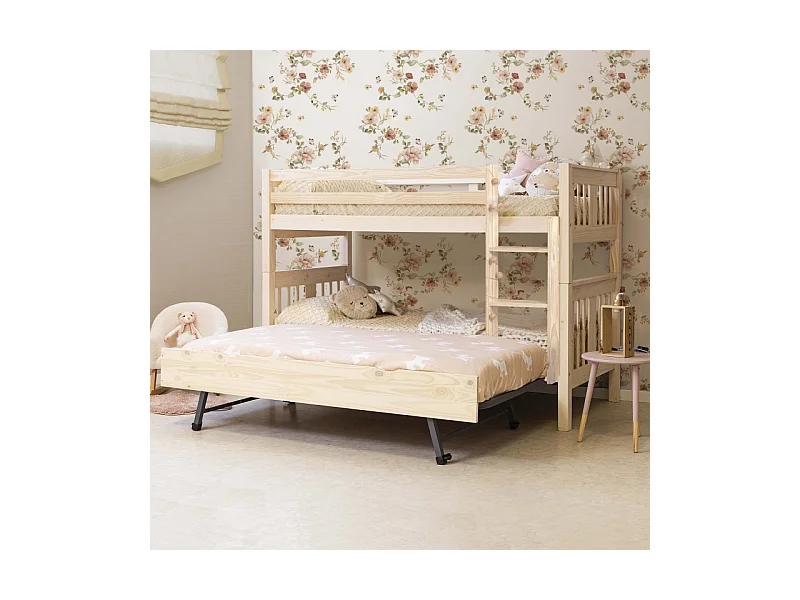 Etagenbett + Ausziehbett mit Beine Holz weiß gewaschen 90x190cm